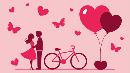 Couple with bicycle and heart balloons art on transparent background silhouette