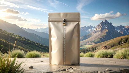 Bag on stone surface with mountain backdrop suitable for travel and adventure themes in brochures, blogs, and social media posts.