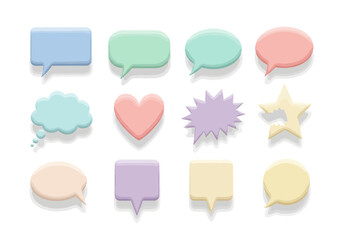Twelve pastel speech bubble icons of varied shapes and sizes in a 3x4 grid arrangement