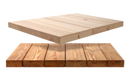 Two rectangular wood surfaces; one light, floating above darker, more rustic wood