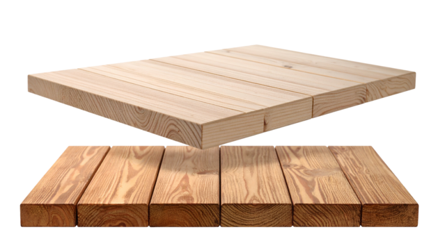 Two rectangular wood surfaces; one light, floating above darker, more rustic wood