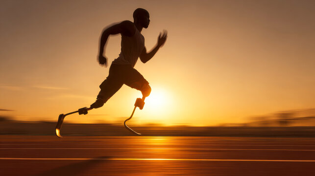 Determined male athlete training outdoors during sunset running on a track