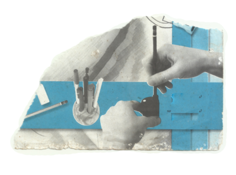 Surreal Collage of Hands with Pencils, Sharpener, and Math Symbols on Blue Strip