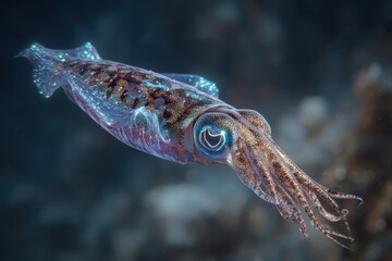 An up-close view of a squid swimming gracefully in the deep ocean. The squid's body is a stunning blend of colors and textures
