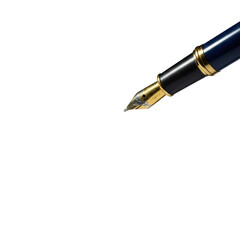 Naklejka premium Macro shot of a wet, glossy white contract document with 'CONTRACT' in jet-black ink, dark blue pen with gold accents making a wet stroke, on transparent, dramatic studio lighting. Legal precision