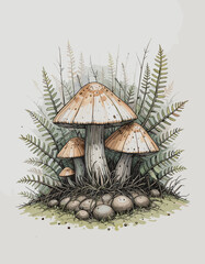 Whimsical illustration of colorful mushrooms surrounded by ferns and grass, showcasing nature's beauty copy space