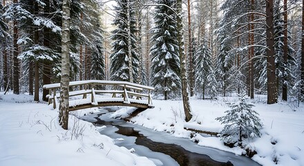 Serene Snowy Forest Bridge Over Icy Stream, Winter Wonderland Landscape.