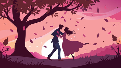 Silhouette couple dancing under tree scene on transparent background