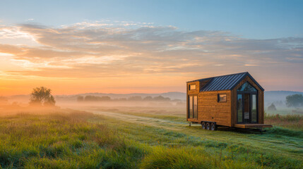 Small wooden house on wheels parked in a beautiful sunrise landscape