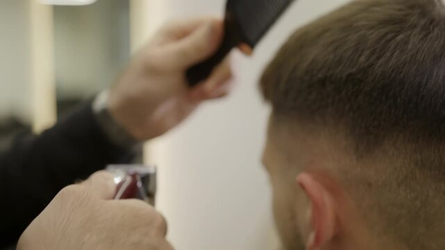 Barber giving fade haircut with electric clipper. Clip
