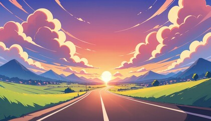Close up Red heart shaped clouds at sunset. Beautiful landscape with road Love background Road to love