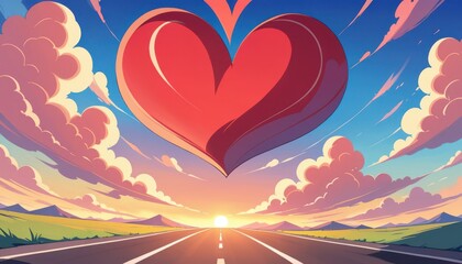 Close up Red heart shaped clouds at sunset. Beautiful landscape with road Love background Road to love
