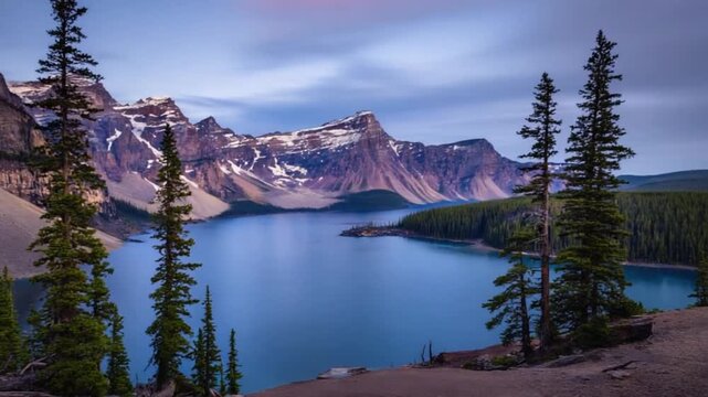 Scenic view of moraine lake with snowy mountains and tall trees at dusk with colorful sky above lake mountain range landscape video