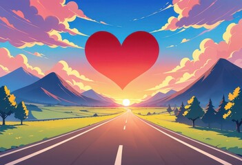 Close up Red heart shaped clouds at sunset. Beautiful landscape with road Love background Road to love