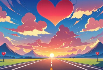 Close up Red heart shaped clouds at sunset. Beautiful landscape with road Love background Road to love