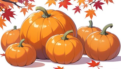 Close up Ripe pumpkins and maple leaves