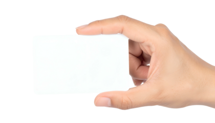 Hand holding a blank, white rectangular card, showcasing it against a black backdrop
