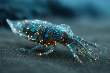 A glowing squid with intricate details, set against a dark background, suggesting the mystery of the deep sea. The squid's bioluminescence creates a captivating display