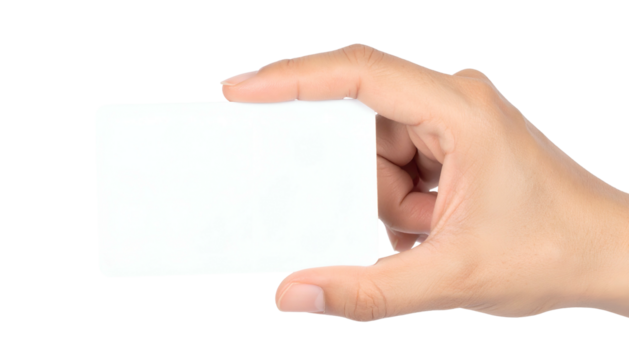 Hand holding a blank, white rectangular card, showcasing it against a black backdrop