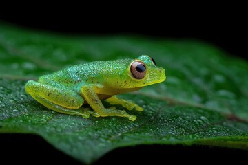 Obraz premium A vibrant green frog perched on a lush leaf. The frog's eyes capture the light and detail the intricate texture of the leaf