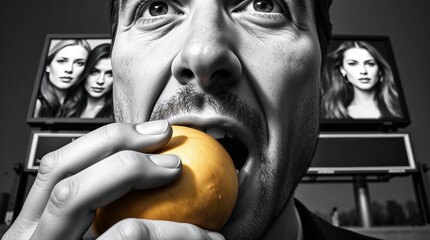 Modern Paris biting yellow apple of choice with billboard of beauties in background, symbolic illustration of Greek myth "The Judgement of Paris"