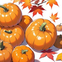 Close up Ripe pumpkins and maple leaves