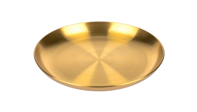 Gleaming golden, round, shallow dish with concentric circles, reflective surface, black background