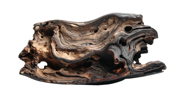 Natural wooden sculpture with swirling grain, holes, and dark, weathered texture against black