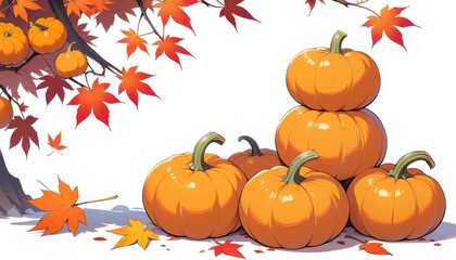 Close up Ripe pumpkins and maple leaves