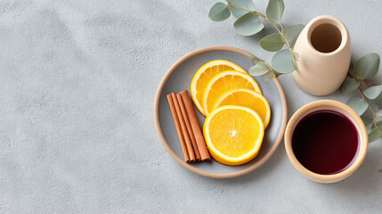 Winter dessert creation with sliced orange cinnamon sticks warm spiced drink and ceramic jug on textured surface evoking cozy festive atmosphere