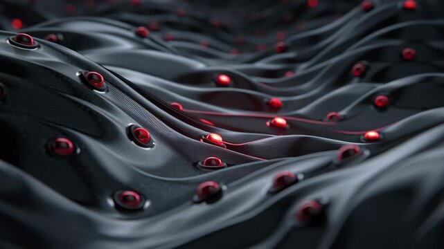Futuristic carbon fiber composite panel with red nodes flowing ridges carbon fiber composite surface with red metallic node beads