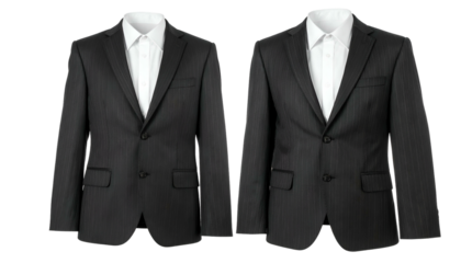 Two near-identical black pinstripe suit jackets, white shirts visible, set against a black background