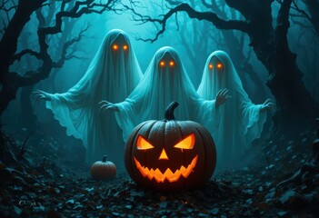 Dark Halloween-themed digital artwork featuring three ethereal white ghosts emerging from a misty forest