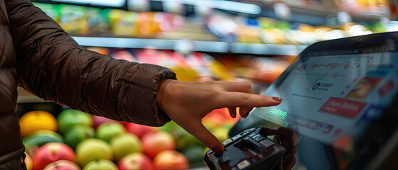 Close-up of a woman s hand interacting with a self-checkout touchscreen in a supermarket produce section, with colorful fruits visible.