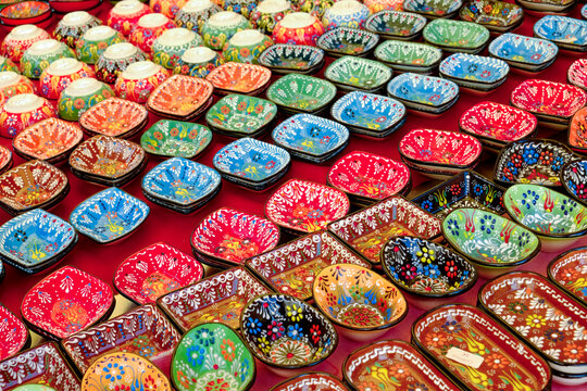 Valencia, Spain, Europe Colorful ceramic bowls for sale as tourist souveniers.