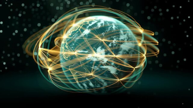 Glowing fiber lines orbiting globe with network connection, digital globe fiber lines connecting continents golden dynamic energy