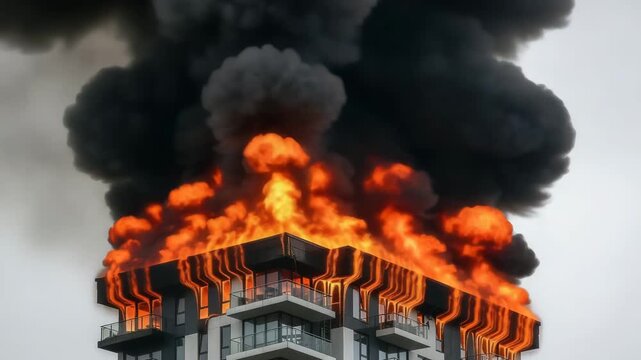 Building engulfed in flames and thick smoke, showcasing the devastating consequences of fire and the need for safety