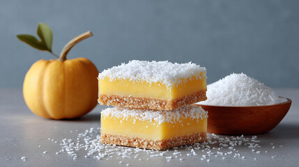 Winter dessert creation coconut lemon bars layered shortbread crust topped with shredded coconut and delicate pumpkin decoration evoking cozy seasonal comfort