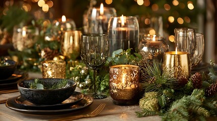 Fototapeta premium Festive table setting with candles, glassware, and greenery for a holiday celebration.