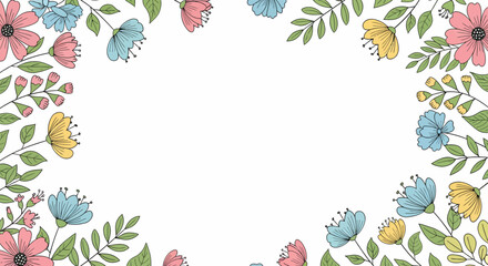 A beautiful watercolor illustration of a floral border design with delicate flowers and leaves in pastel colors, perfect for invitations and backgrounds