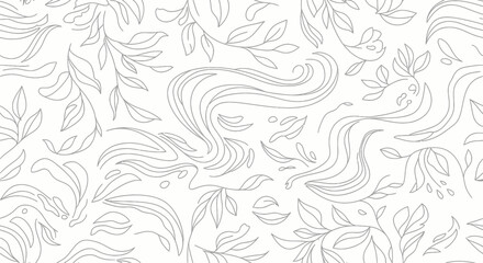 Elegant Seamless Botanical Pattern with Delicate Line Art Leaves and Flowing Organic Elements on a Clean White Background, Ideal for Decorative Designs and Natural-Themed Textures