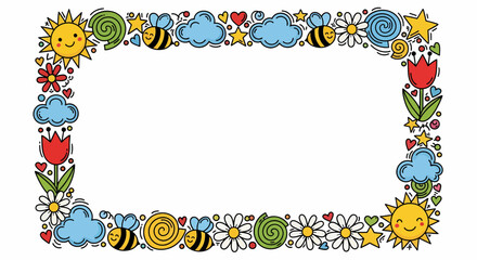 A cheerful and colorful hand-drawn doodle frame with smiling suns, cute bees, and flowers on a white background