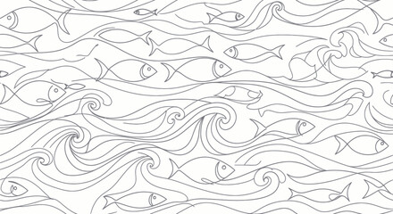 Seamless pattern of stylized fish swimming through flowing waves, rendered in a minimalist black and white line art style