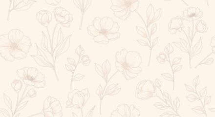 Delicate Floral Pattern Beige Background with Outlined Flowers and Foliage for Design