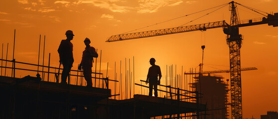 Group of construction workers on a building site during sunset, with cranes and steel structures silhouetted in orange sky background.