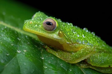 Obraz premium A vivid green frog on a large leaf, adorned with water droplets, captured with a close-up shot