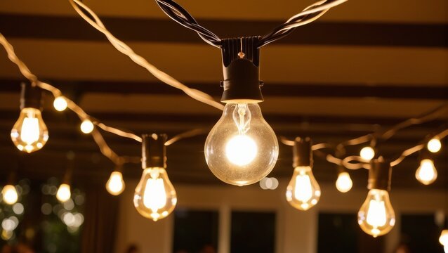 String Lights with Warm Bulbs Glowing on an Outdoor Patio or Garden at Night