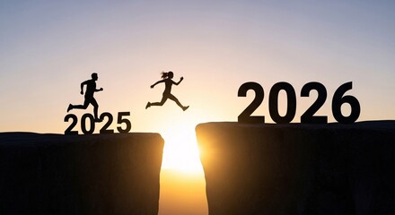 Silhouette of a man and woman jumping from 2025 to 2026 over a cliff gap at sunset, symbolizing new year challenges, goals, and progress.