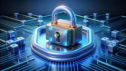 Cyber security concept padlock on circuit board technology theme