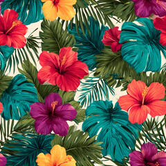 Vibrant Tropical Floral Pattern with Hibiscus and Monstera Leaves